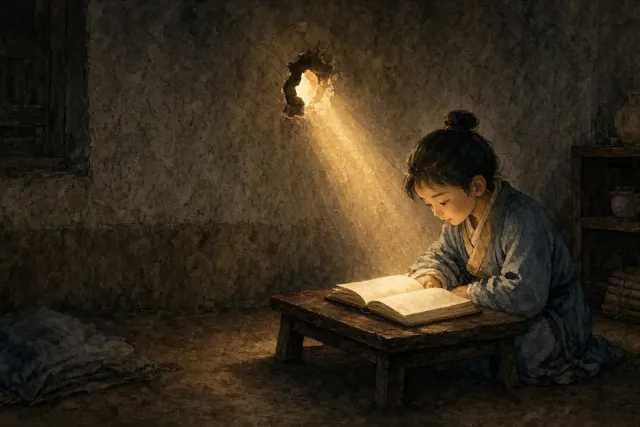 插画：凿壁偷光，形容家境贫寒，仍刻苦读书