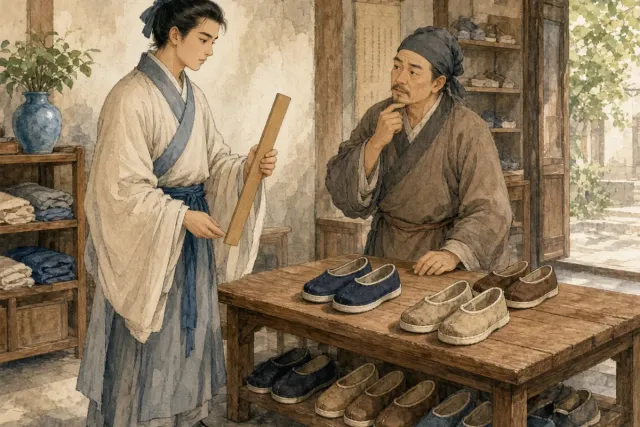 插画：郑人买履，比喻只相信老办法，不根据实际情况办事