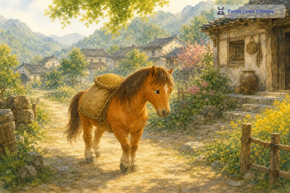 小马想了想，觉得还是回家问问妈妈比较好。于是，它驮着粮食转身往回走。回到家后，小马把在河边遇到的事情告诉了妈妈。