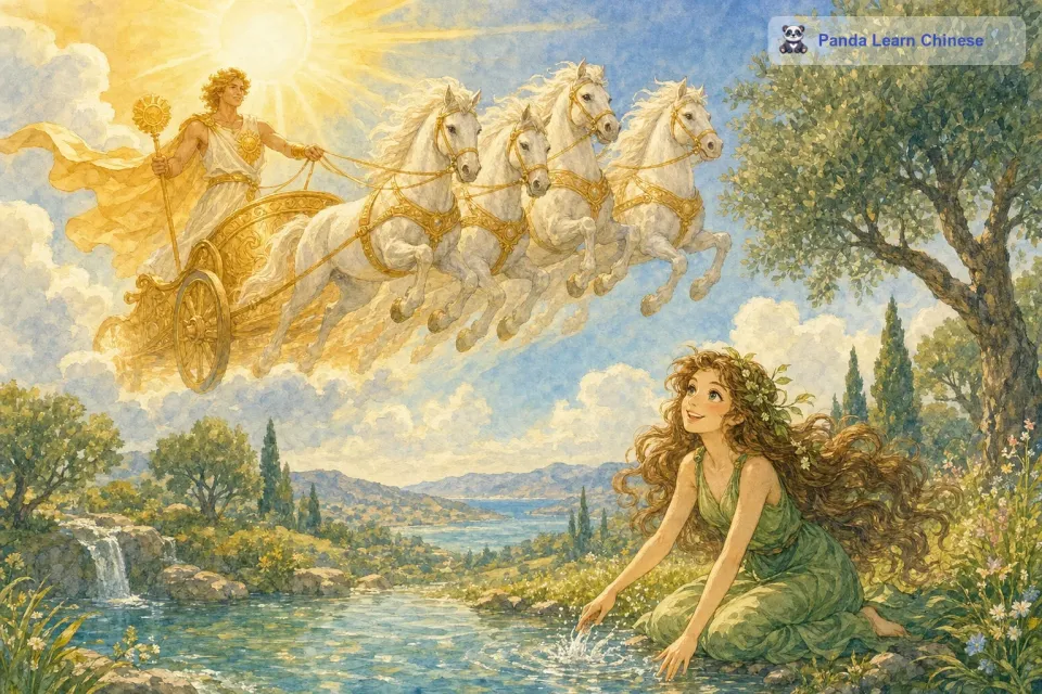在古希腊的神话世界里，有一位英俊潇洒、充满力量的太阳神阿波罗。他每天驾驶着金色的马车划过天空，给大地带来光明和温暖。一天，他偶然看到了正在溪边嬉戏的达芙妮，达芙妮是一位美丽动人、如同精灵般的仙女，她的眼睛像星星一样闪亮，她的笑容如同春天的花朵一样迷人。