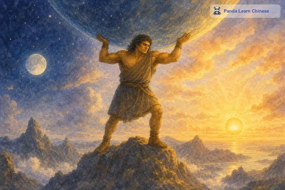 于是，阿特拉斯慢慢地调整自己的姿势，用自己的双臂和肩膀，稳稳地托起了天空。他每天就这样站着，看着太阳升起又落下，月亮出现又消失。周围的世界在不断变化，而他却只能一直保持着这个姿势。