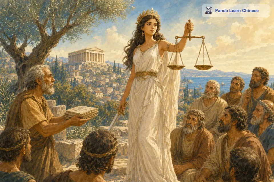 最后，天平停止了晃动。忒弥斯根据天平的倾斜方向做出了裁决。