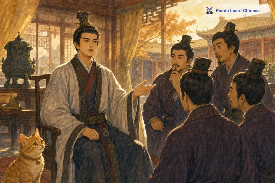 蔺相如对他们说：“诸位请想一想，廉将军和秦王比，谁厉害？他们说：“当然秦王厉害！