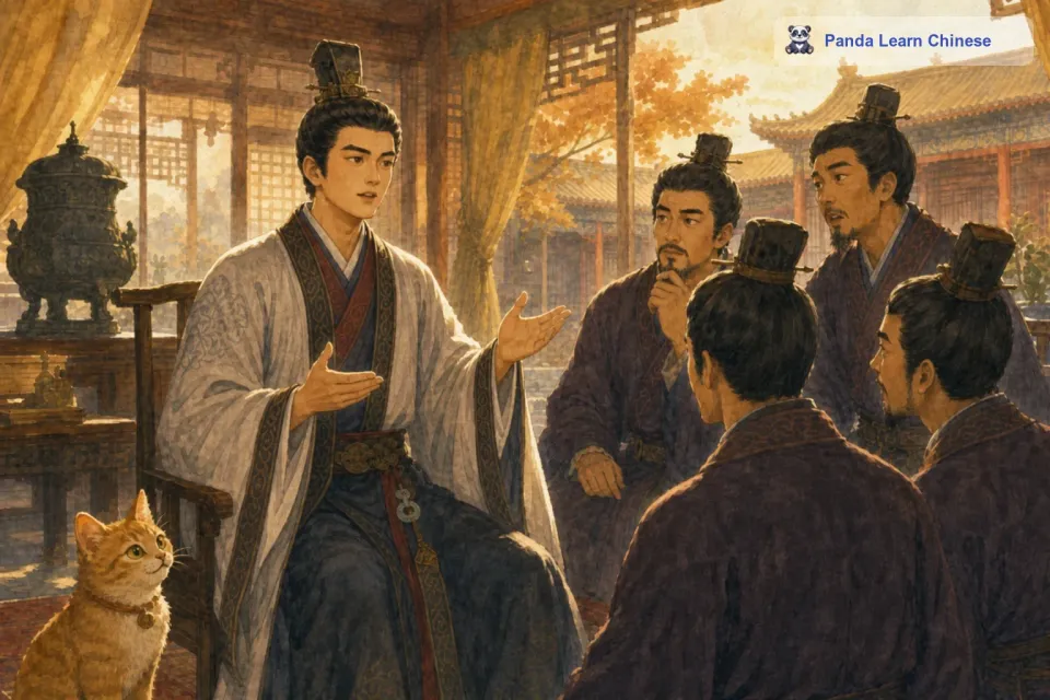 蔺相如说：“秦王我都不怕，会怕廉将军吗？大家知道，秦国不敢进攻我们赵国，就因为武有廉颇，文有蔺相如。如果我们俩闹不和，就会削弱赵国的力量，秦国必然乘机来打我们。我之所以避着廉将军，为的是我们赵国啊！