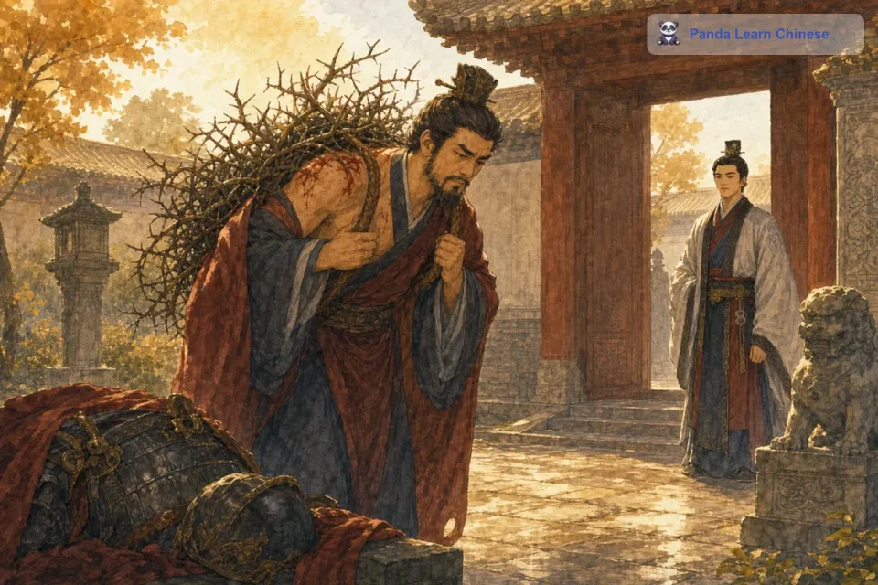 蔺相如的话传到了廉颇的耳朵里。廉颇静下心来想了想，觉得自己为了争一口气，就不顾国家的利益，真不应该。于是，他脱下战袍，背上荆条，到蔺相如门上请罪。