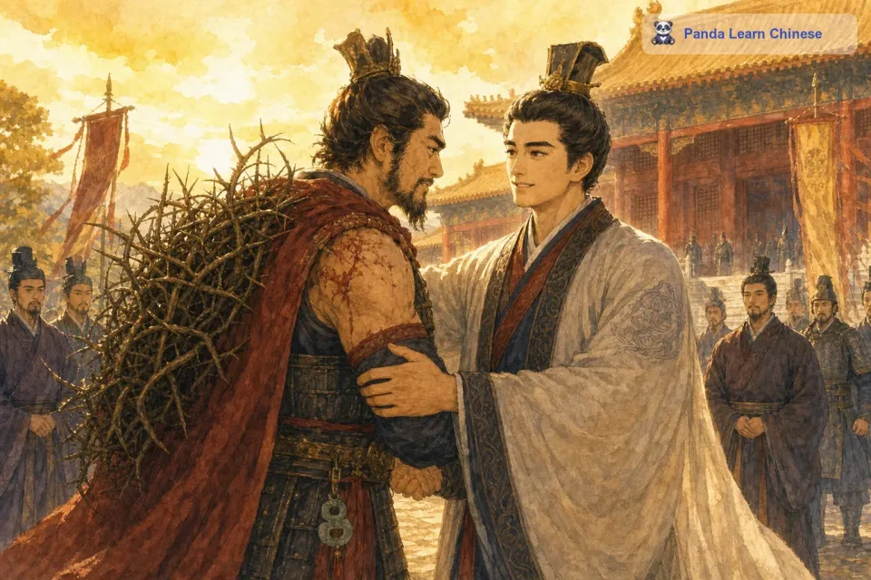 蔺相如见廉颇来负荆请罪，连忙热情地出来迎接。从此以后，他们俩成了好朋友，同心协力保卫赵国。