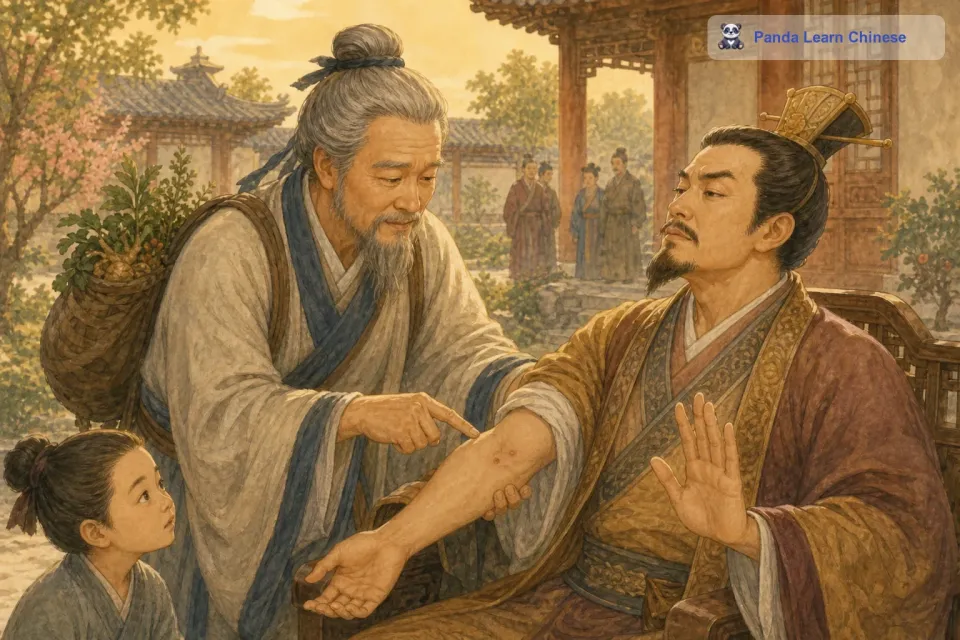 有一天，扁鹊去拜见蔡桓公。扁鹊见到蔡桓公后，仔细端详了他一会儿，然后严肃地对蔡桓公说：“君侯，您皮肤上有点小毛病，如果不及时医治，恐怕会加重的。