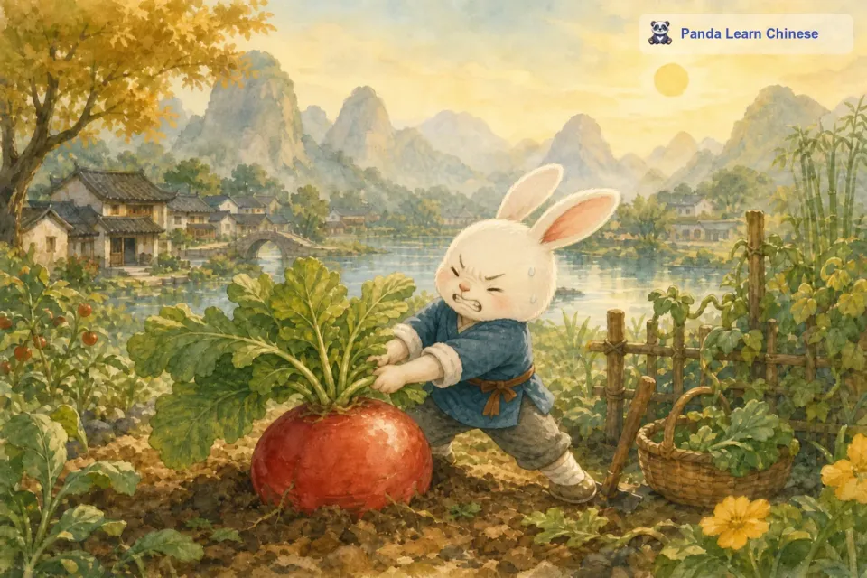 于是，小白兔走到萝卜旁边，抓住萝卜的叶子，使出了全身的力气想要把萝卜拔出来。可是，它拔呀拔，萝卜却纹丝不动。