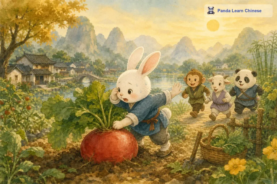 小白兔累得气喘吁吁，但它没有放弃。它想了想，这么大的萝卜，自己一个人可能拔不出来，于是它决定去叫朋友们来帮忙。