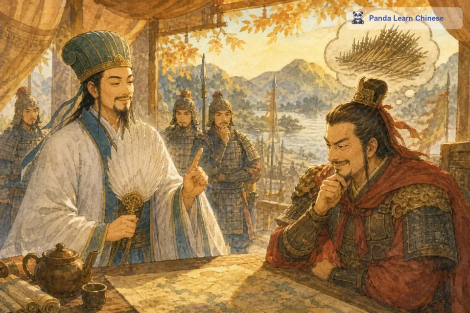 周瑜是东吴的大都督，他很嫉妒诸葛亮的才能，想找个机会除掉他。一天，周瑜故意刁难诸葛亮，让他在十天之内造出十万支箭。诸葛亮却微微一笑，说：“都督，只需三天就够了。周瑜心中暗喜，他觉得诸葛亮根本不可能在三天内造出这么多箭，于是就和诸葛亮立下了军令状。