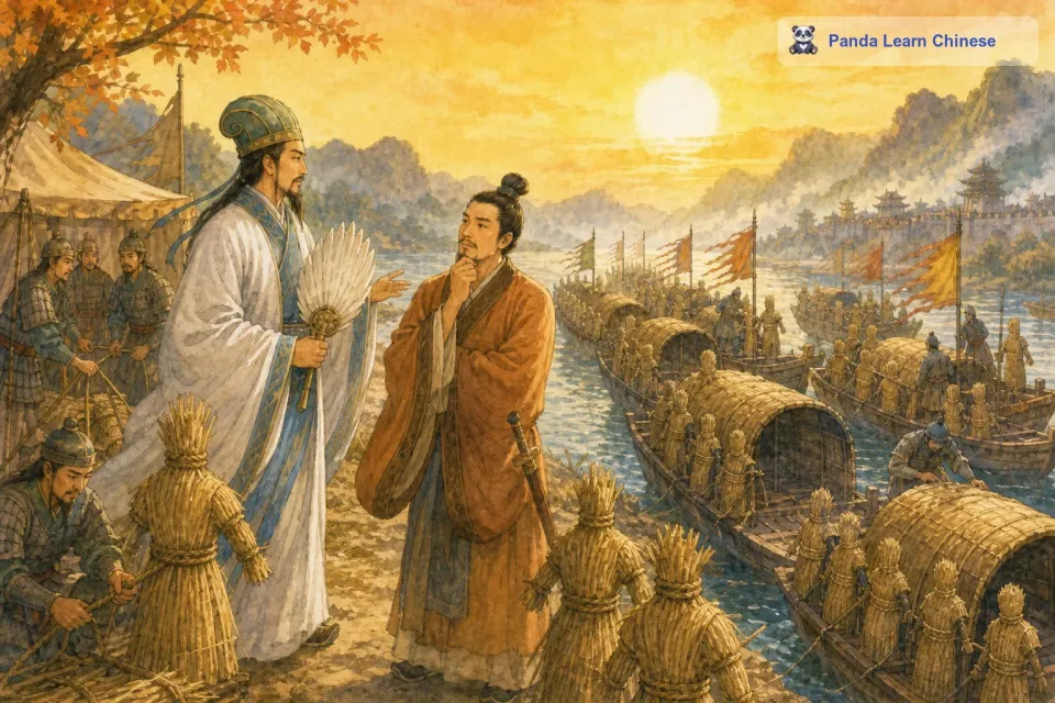 诸葛亮回去之后，并没有着急造箭。他向鲁肃借了二十条船，每条船上都安排了三十个士兵，并且在船的两边扎满了草人。鲁肃虽然很疑惑，但还是按照诸葛亮的要求做了。