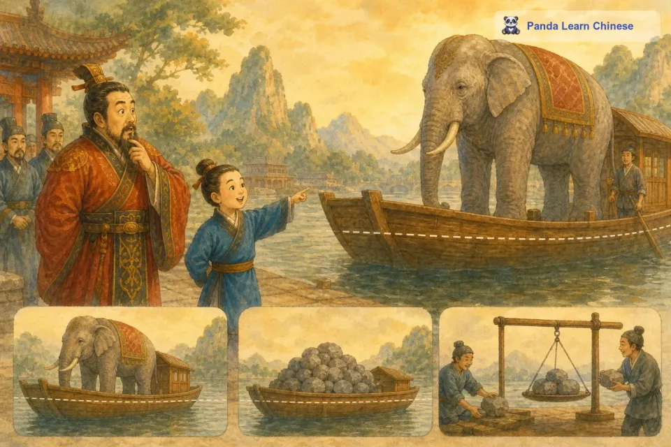 这时候，年仅六岁的曹冲站了出来，他对曹操说：“父亲，我有一个办法可以称出大象的重量。曹操很惊讶，也很好奇，就问曹冲：“你有什么办法呢？曹冲回答说：“我们可以把大象赶到一艘大船上，看船身下沉多少，就在船舷上做一个记号。