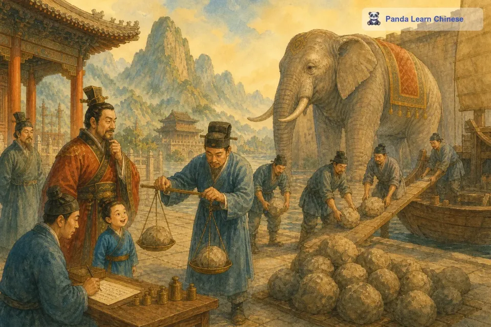 接着，他们把大象牵下船，然后搬来许多石头，一块一块地往船上装。船慢慢地又下沉到了做记号的地方。