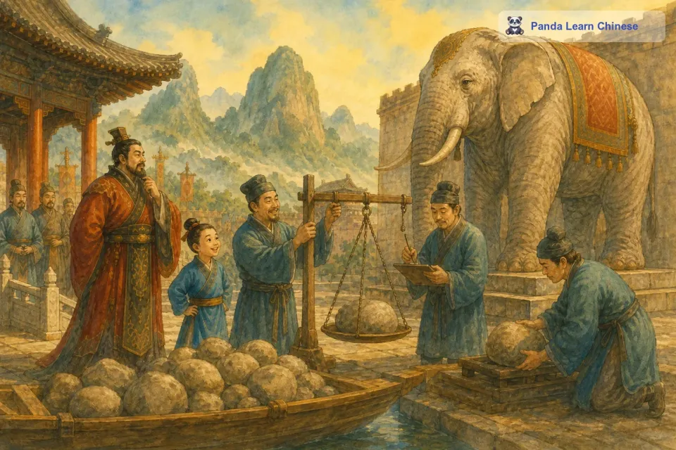 最后，大臣们把船上的石头一块一块地称出重量，再把所有石头的重量加在一起。这个总重量就是大象的重量啦。