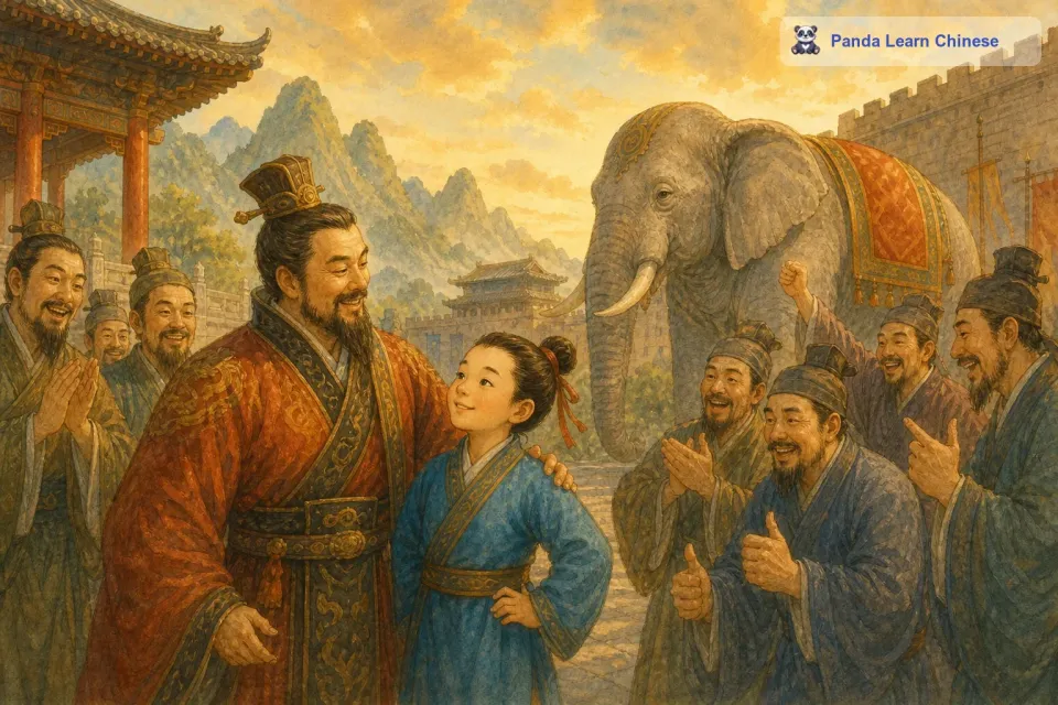 大臣们都纷纷称赞曹冲是个小神童，曹操也非常高兴，他觉得自己的儿子非常聪明，充满智慧。曹冲称象的故事就这样流传了下来，成为了中国历史上一个著名的智慧故事，让人们知道，有时候只要善于思考，运用巧妙的方法，难题就能迎刃而解。