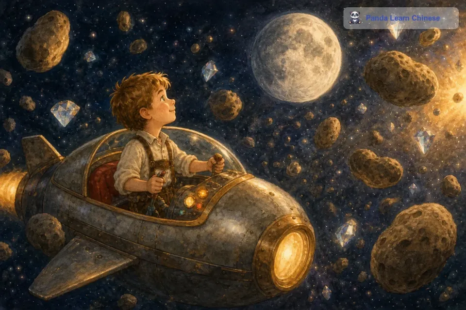 可是，汉斯知道他不能在这个星球上停留太久，因为他还想去探索更多的宇宙奥秘。他告别了小狐狸生物，回到了月亮船里。汉斯再次驾驶月亮船起飞，他在太空中继续遨游。他经过了一片由小行星组成的区域，这些小行星形状各异，有的像钻石一样闪闪发光，有的像土豆一样坑坑洼洼。汉斯小心翼翼地驾驶着月亮船穿梭在小行星之间，他感觉自己就像一个真正的宇宙探险家。