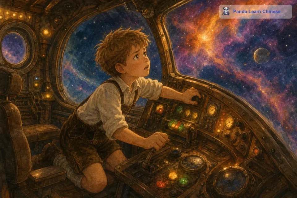 在一次穿越一片星云的时候，月亮船突然出现了故障。仪表盘上的灯光闪烁不停，船身也开始剧烈摇晃。汉斯有些害怕，但他没有放弃，他努力回忆着之前看到的仪表盘上的各种标识，试图找出故障的原因并修复它。