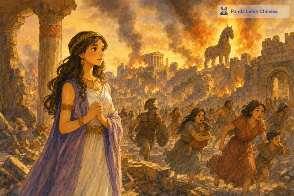 大火在城中蔓延，城墙被攻破，敌人如潮水般涌入。特洛伊城陷入了一片混乱，百姓们四处奔逃，哭喊声、惨叫声交织在一起。卡珊德拉站在城中的废墟里，看着眼前的这一切，她的心中充满了悲痛。