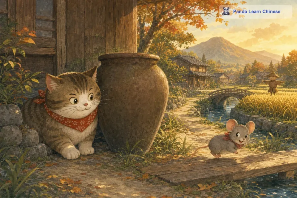 比如说有一次，猫躲在墙角的水缸后面，准备等老鼠出来就扑上去。