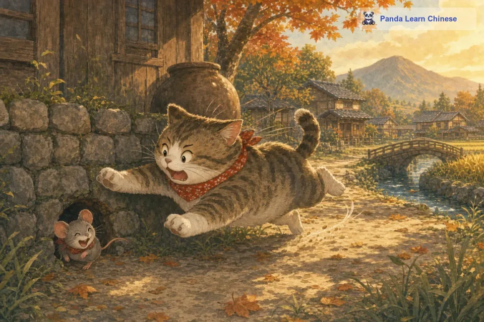 老鼠呢，它早就发现了猫的踪迹，故意在洞口前晃悠，还时不时地探出头来逗弄猫。猫等得不耐烦了，一下子扑了过去，结果老鼠迅速地钻进了旁边的小洞里，猫因为刹不住车，一头撞到了墙上，惹得老鼠在洞里哈哈大笑。