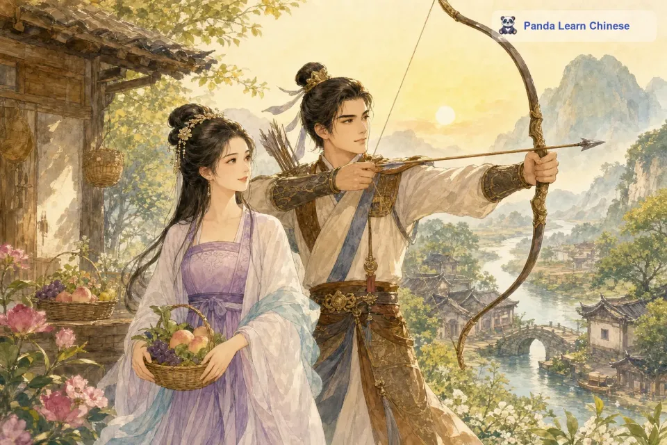 很久很久以前，在一个古老的中国村庄里，住着一位美丽善良的女子，她的名字叫嫦娥。嫦娥的丈夫是后羿，后羿是一个英勇无比的神箭手。