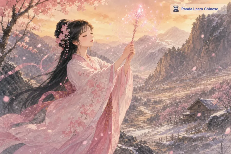 樱花仙子站在山谷的中央，闭上眼睛，双手轻轻举起她那根镶嵌着樱花花瓣的魔杖。她口中念念有词，魔杖顶端开始散发出柔和的粉色光芒。