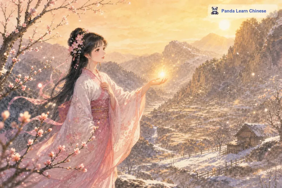 随着光芒的扩散，周围的空气仿佛也变得温暖起来。一些小小的、晶莹剔透的樱花花苞开始在光秃秃的树枝上慢慢显现。