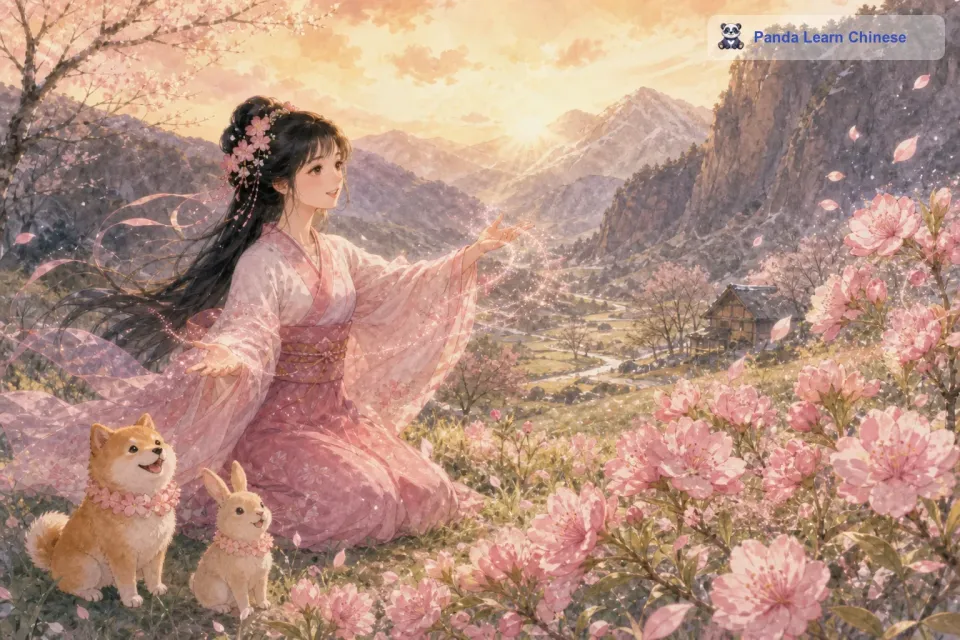 那些花苞就像被唤醒的小精灵一样，在樱花仙子的魔法下，迅速地生长、绽放。花瓣一片一片地展开，从淡淡的粉色逐渐变得鲜艳起来。
