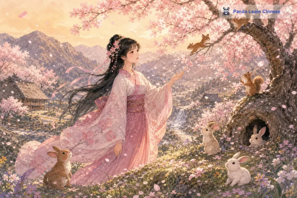 微风轻轻吹过，花瓣像雪花一样飘落，整个山谷都被樱花的香气弥漫。小动物们都被这神奇的景象吸引过来，小兔子从洞穴里探出头来，小松鼠在树枝间跳跃，它们都欢快地围绕着樱花树。