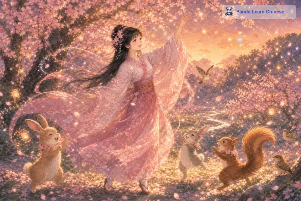 随着樱花仙子魔法的持续施展，整个山谷都被樱花所覆盖。从山顶到山脚，到处都是一片樱花的海洋。山上的溪流也被樱花花瓣染成了淡淡的粉色。