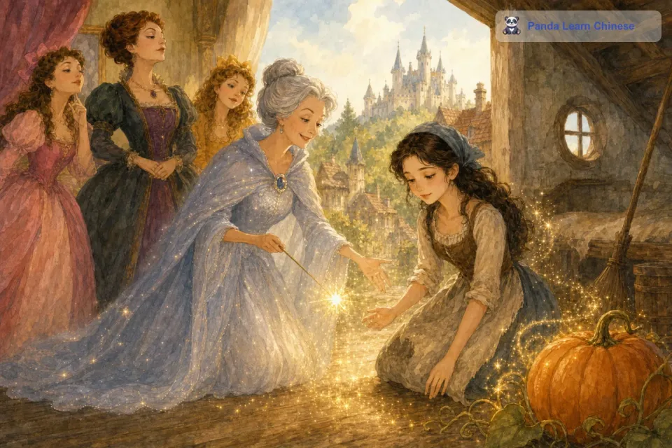 就在灰姑娘感到失落的时候，一位仙女教母突然出现在她面前。仙女教母看到灰姑娘的善良和不幸，决定帮助她。仙女教母挥动手中的魔法棒，将南瓜变成了华丽的马车，老鼠变成了骏马，灰姑娘破旧的衣服也变成了漂亮的舞裙，还送给她一双美丽的水晶鞋。