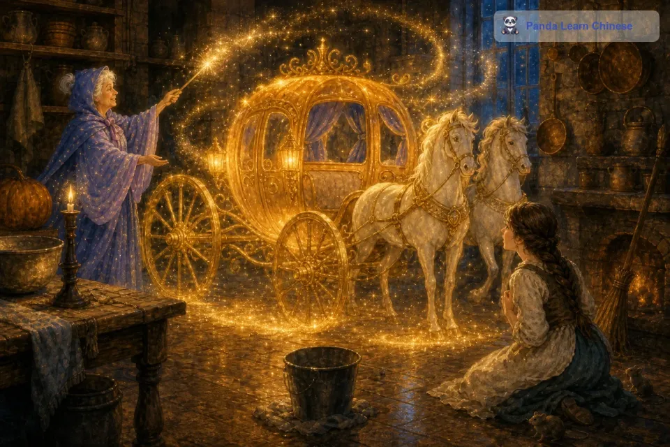 仙女教母挥动手中的魔法棒，口中念念有词。只见魔法棒发出一道闪亮的光芒，光芒笼罩着南瓜。南瓜开始发生奇妙的变化，它的外皮变得金光闪闪，然后慢慢地膨胀起来，南瓜的形状开始改变，逐渐变成了一辆华丽的马车。马车的轮子是精致的金色，车身雕刻着精美的花纹，车篷是用最柔软的绸缎做成的，上面还镶嵌着无数颗亮晶晶的宝石，在月光下闪烁着迷人的光芒。