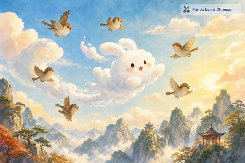 小鸟们飞过来，好奇地围着它转圈圈，还叽叽喳喳地说：“看呀，那朵云变成小兔子了，好可爱呀！云朵小兔子可高兴了，它在天空中尽情地玩耍着。