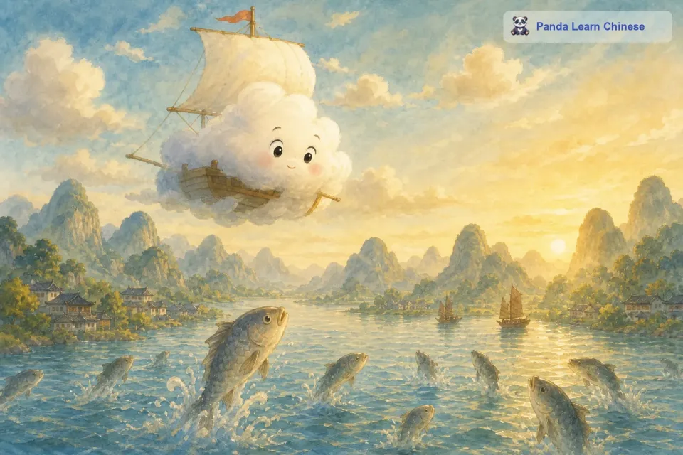 大海里的鱼儿们看到了天空中的小帆船云，纷纷跃出水面，想要看得更清楚一些。小帆船云朵随着风的方向行驶着，它觉得自己就像一个勇敢的水手，在探索着未知的世界。