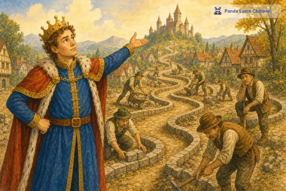 有一次，他突然觉得王国里的道路都太直了，一点都不有趣，于是他下令让所有的道路都改成弯弯曲曲的形状。臣民们都很无奈，但是又不敢违抗国王的命令。于是，工匠们只能按照国王的要求，花费了大量的人力和物力，把好好的直路改成了弯弯曲曲像迷宫一样的道路。