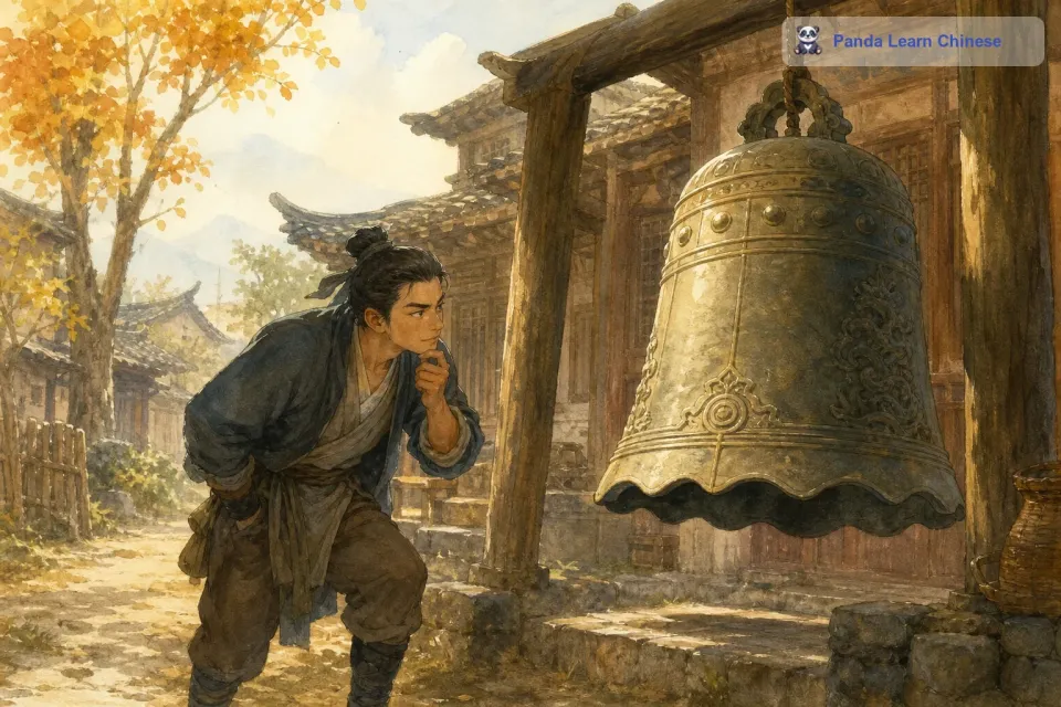 从前有一个小偷，他看到一户人家门前挂着一个非常漂亮的大钟。这个大钟制作精美，小偷看到后就心生歹念，想要把这个大钟偷走。可是这个大钟又大又重，小偷根本搬不动。