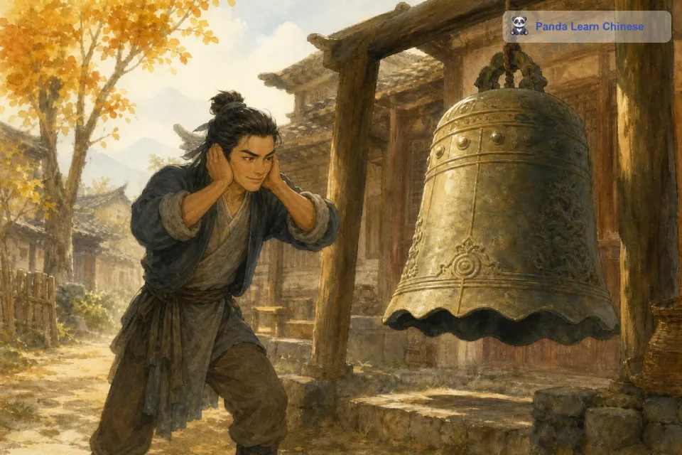 他想了很久，终于想出了一个他自认为绝妙的主意。他觉得只要自己把耳朵捂住，那么大钟发出的声音自己就听不到了，这样偷钟的时候就不会被别人发现了。