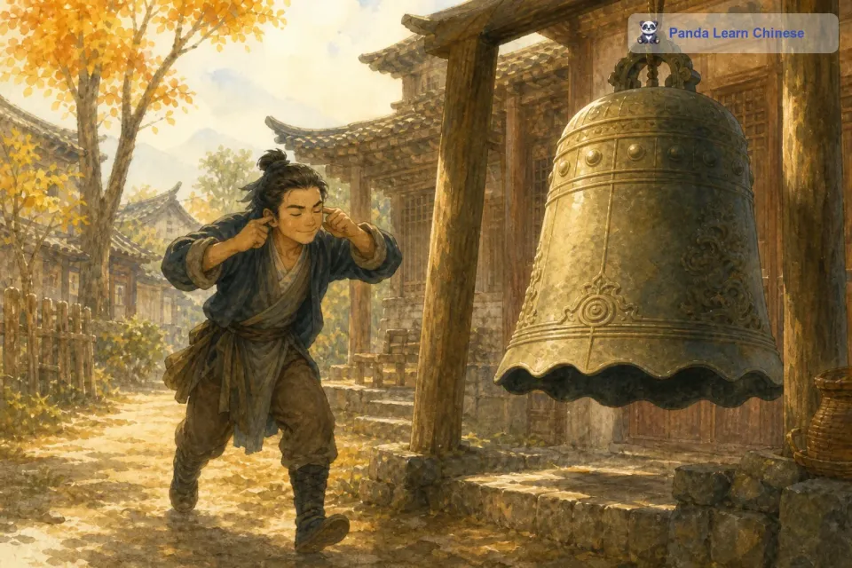 于是，小偷就开始行动了。他用双手紧紧捂住自己的耳朵，然后大摇大摆地走向大钟。