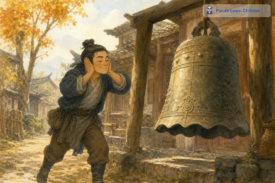 他心里还在暗自得意，觉得自己这个办法实在是太聪明了。他慢慢地靠近大钟，完全没有意识到自己的行为是多么的荒谬可笑。