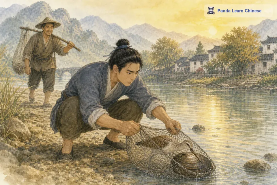 过了一会儿，一个渔夫扛着渔网来到了河滩。他远远地就看到了鹬蚌相争的这一幕，心中大喜。渔夫心想：这可真是得来全不费工夫啊。于是他悄悄地走近，一下子就把鹬和蚌都捉住了。