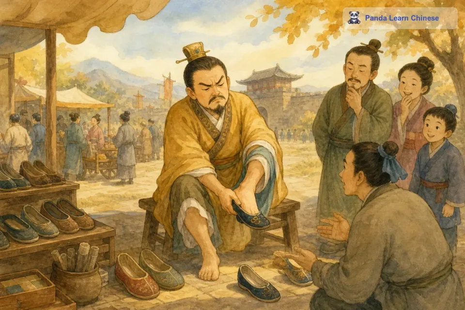 从前，有一个郑国人，他非常愚蠢又很固执。他从集市上买了一双鞋子，回到家后才发现鞋子有点小。