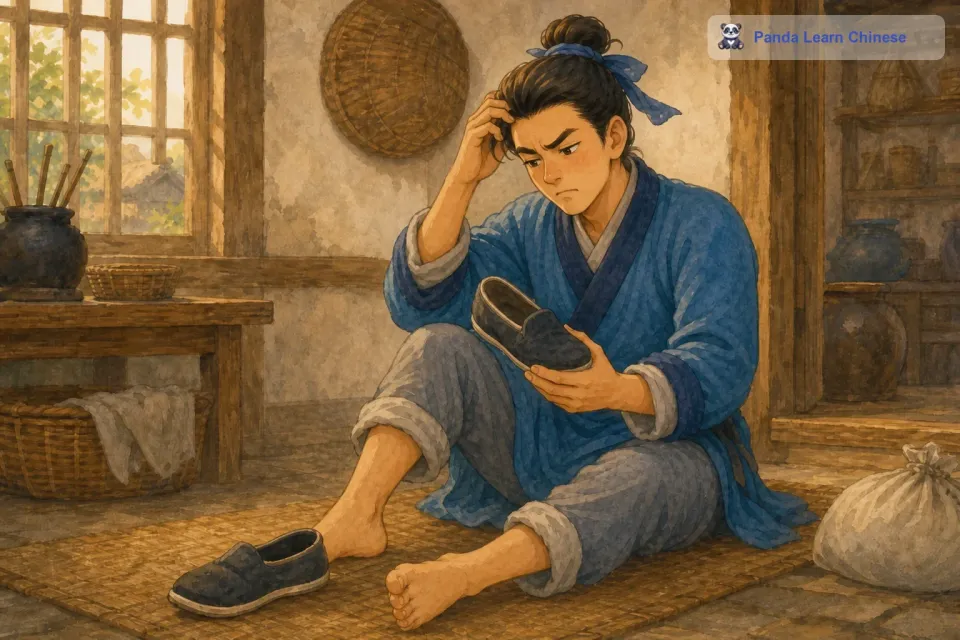 他突然想出了一个主意，他拿起刀，毫不犹豫地开始削自己的脚。他觉得只要把脚削小一点，就可以穿上那双鞋子了。