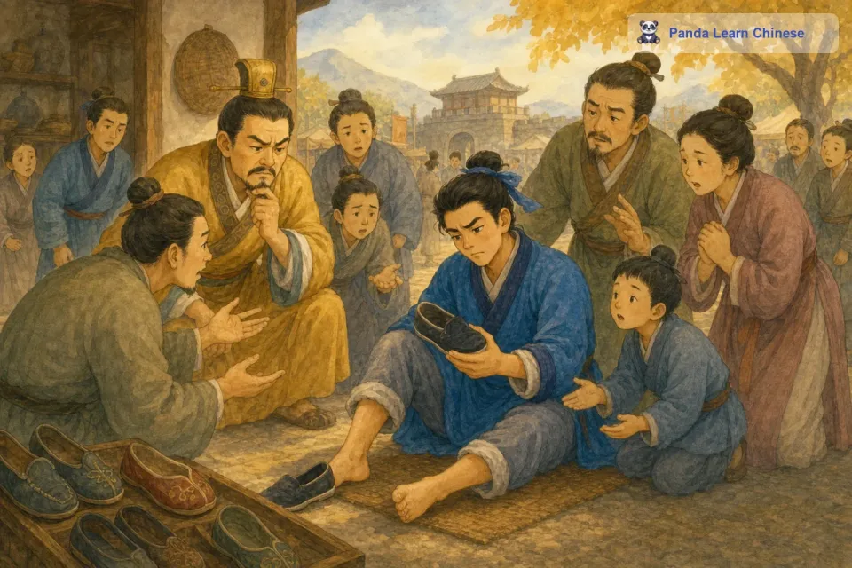 周围的人看到他这样做都吓坏了，纷纷过来劝阻他，告诉他这样做是非常愚蠢和危险的。但是这个郑国人根本听不进去，他一心只想让脚能适合鞋子的大小。