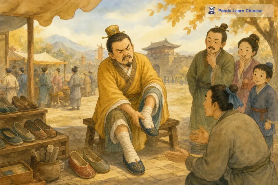 最后，他终于把脚削得可以塞进鞋子里了。可是他的脚已经被削得鲜血淋漓，而且他因为疼痛几乎都不能走路了。