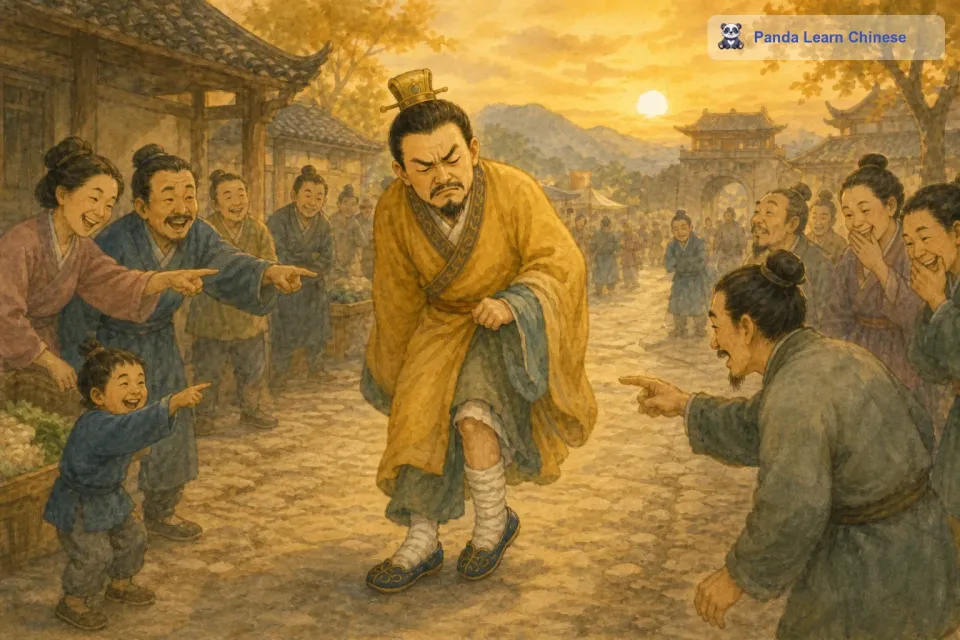 他一瘸一拐地走着，周围的人都对他指指点点，觉得他实在是太愚蠢了。这个故事告诉我们啊，在生活中遇到问题的时候，一定要学会变通，不能像这个郑国人一样，用这么愚蠢又伤害自己的方法去解决问题。