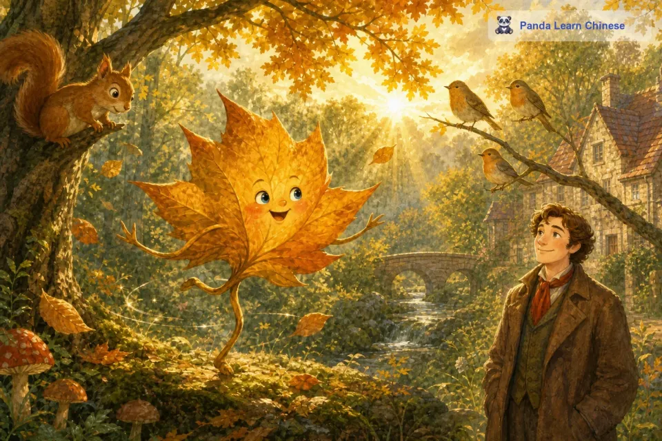 它随着微风轻轻摆动，像是在跳着优雅的芭蕾舞。周围的小动物们都被它吸引过来，小松鼠在树枝上睁大眼睛好奇地看着，小鸟也停止了歌唱，静静欣赏树叶的舞蹈。
