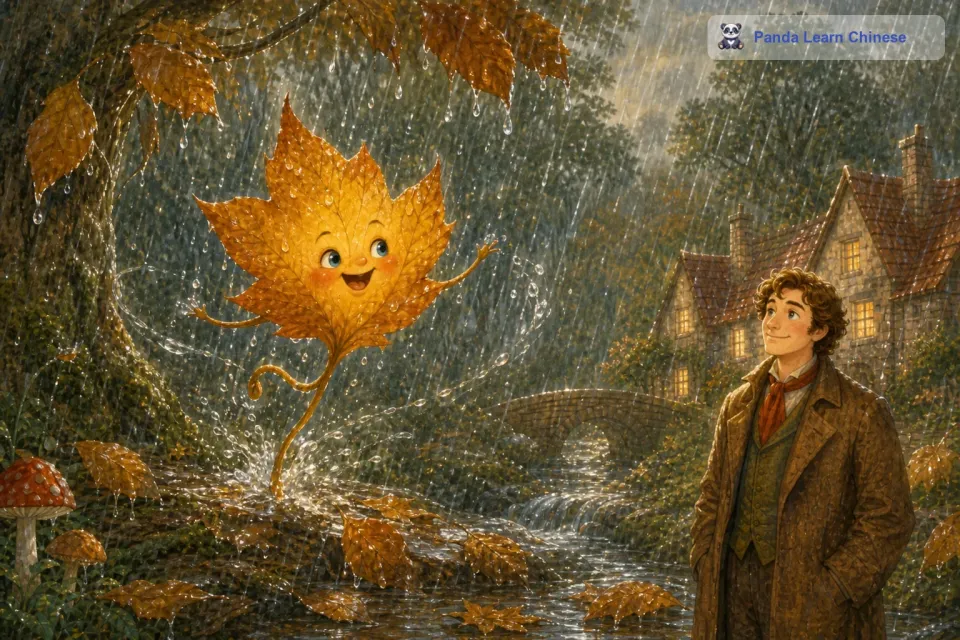 日子一天天过去，有一次，森林里下起了雨。其他树叶都被雨水打得低垂着头，可是这片会跳舞的树叶却不一样。它在雨中欢快地跳着舞，雨滴就像是它的舞伴。