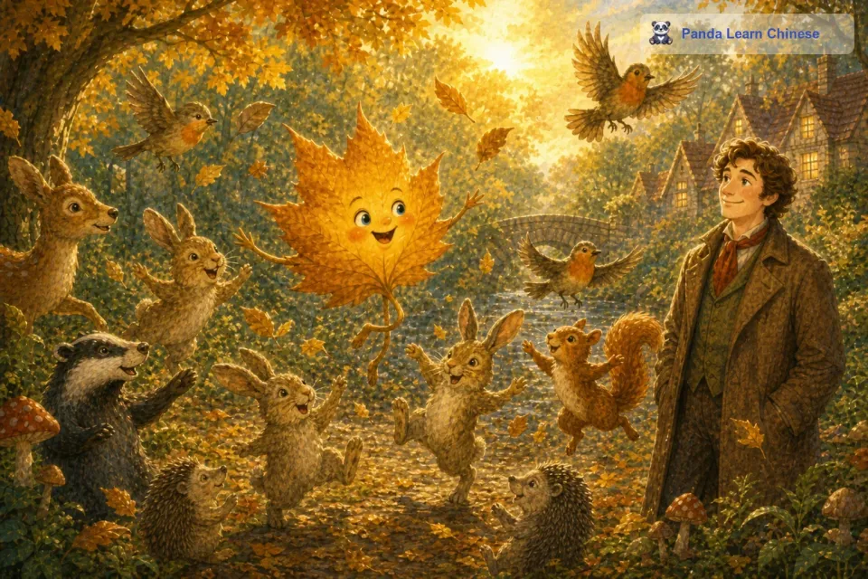 于是，树叶开始带领着小动物们一起跳舞。小松鼠在树枝间跳来跳去，小鸟在空中扇动着翅膀飞舞，小兔子在地上蹦蹦跳跳。整个森林都充满了欢声笑语，大家都沉浸在这欢快的舞蹈之中。
