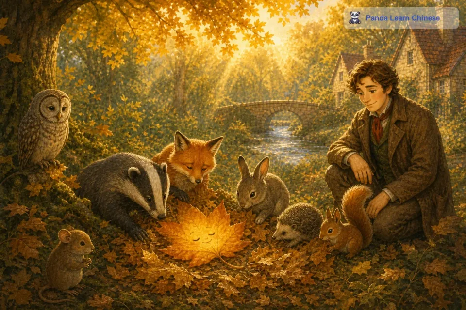 周围的小动物们静静地看着，它们知道树叶要离开了。随着最后一个舞步的结束，树叶轻轻地飘落下来，落在了森林的土地上。小动物们围过来，用树叶把这片会跳舞的树叶掩埋起来，它们永远都会记得这片给森林带来欢乐的神奇树叶。