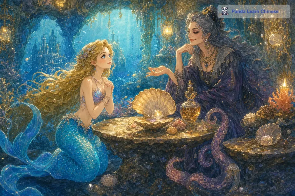 小美人鱼爱上了王子，她渴望能像人类一样与王子在一起。于是她去找海巫，海巫提出可以把她的尾巴变成双腿，但她必须用自己美妙的声音作为交换，而且如果王子不和她结婚，她就会化为泡沫。小美人鱼毫不犹豫地答应了。